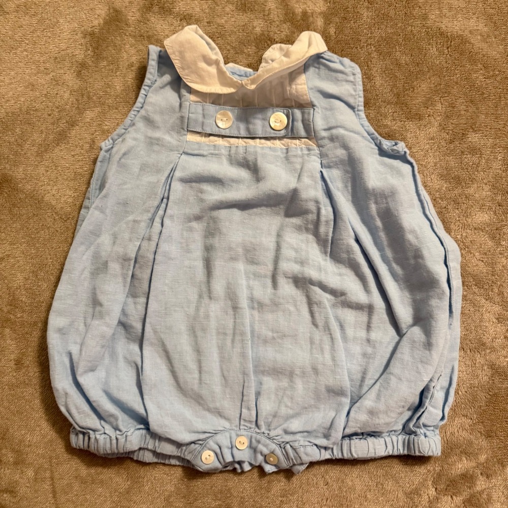 Powell Craft Baby Boy Blue Linen Cotton Bubble Romper Peter Pan Collar 12-18M